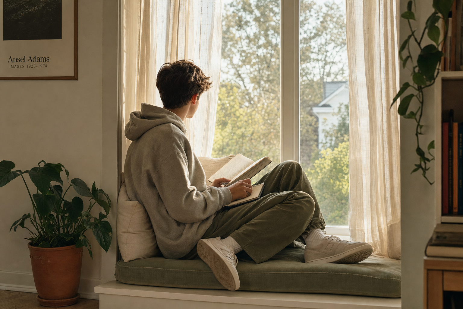 A teenager sitting on a window seat with a notebook, soft afternoon light.